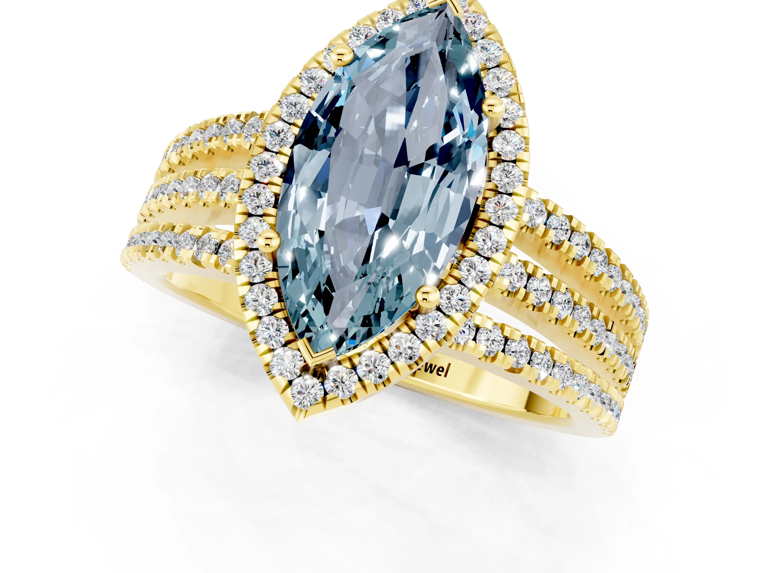Yellow gold {shape_name} Aquamarine Halo Engagement Ring with Split Shank and Four-Prong Setting_1