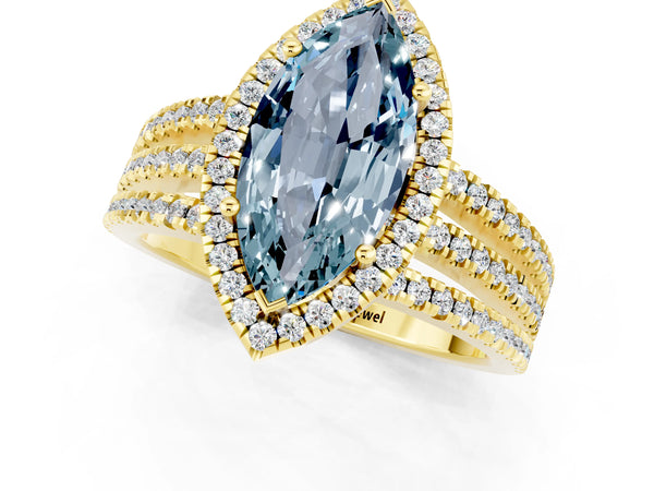 Yellow gold Marquise Cut Aquamarine Halo Engagement Ring with Split Shank and Four-Prong Setting