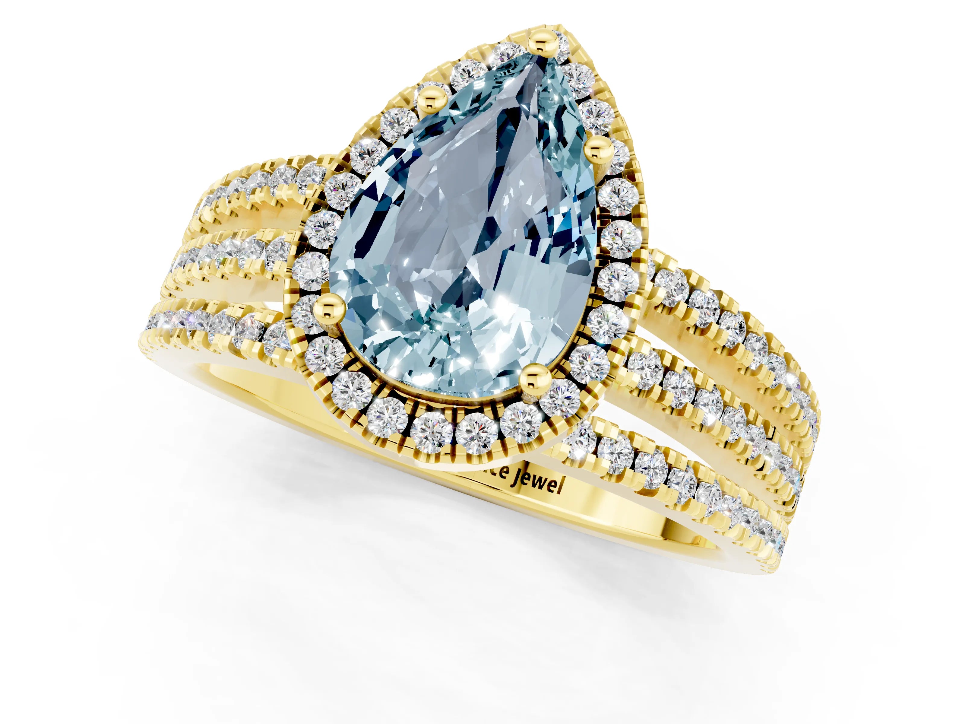 Yellow gold {shape_name} Aquamarine Halo Engagement Ring with Split Shank and Four-Prong Setting_1