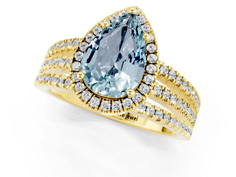 Yellow gold {shape_name} Aquamarine Halo Engagement Ring with Split Shank and Four-Prong Setting_1