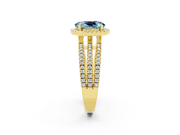 Yellow gold Oval Cut Aquamarine Halo Engagement Ring with Split Shank and Four-Prong Setting
