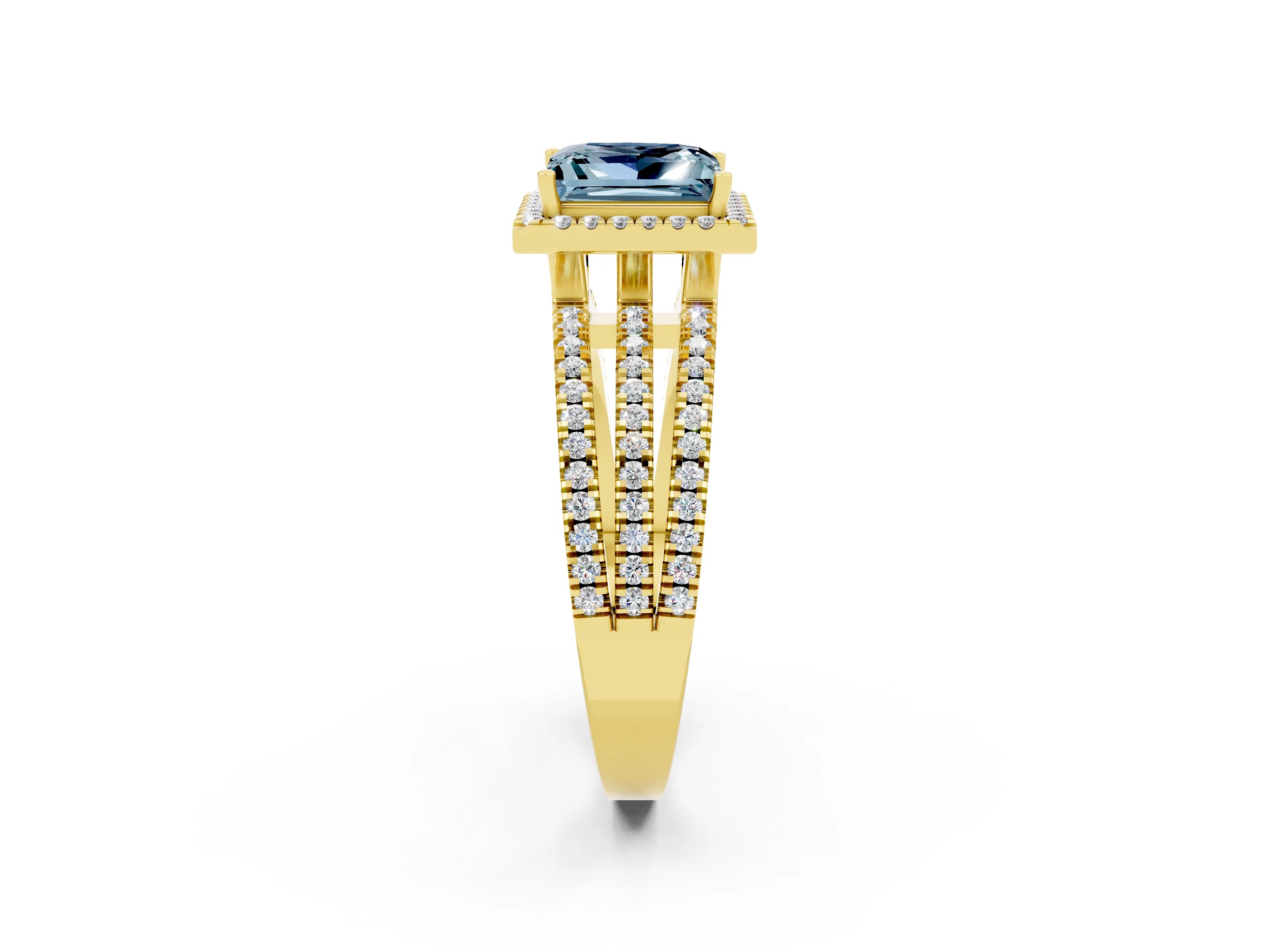 Yellow gold {shape_name} Aquamarine Halo Engagement Ring with Split Shank and Four-Prong Setting_2