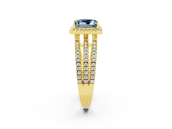 Yellow gold Princess Cut Aquamarine Halo Engagement Ring with Split Shank and Four-Prong Setting