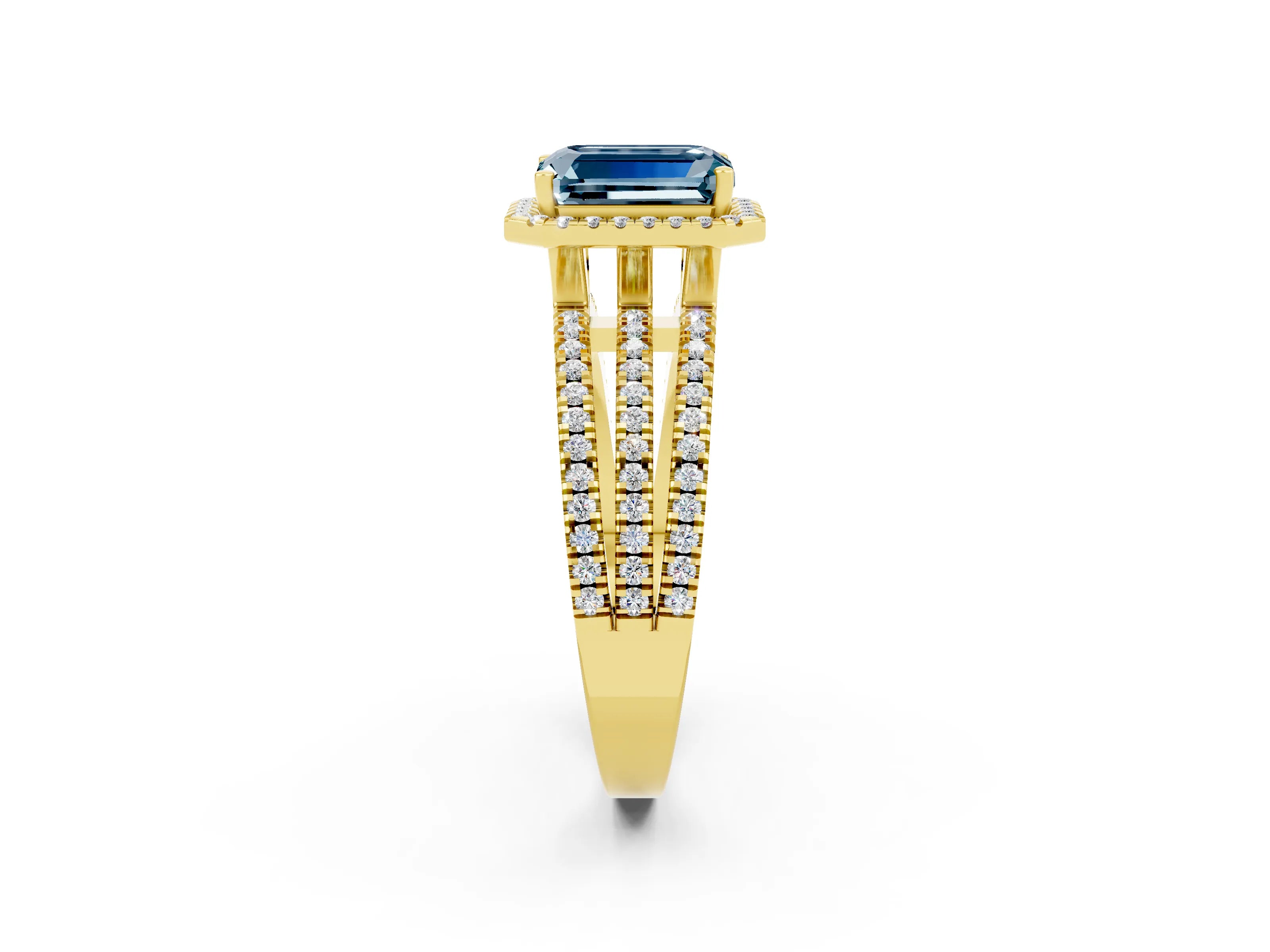 Yellow gold {shape_name} Aquamarine Halo Engagement Ring with Split Shank and Four-Prong Setting_2