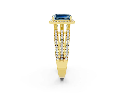 Yellow gold {shape_name} Aquamarine Halo Engagement Ring with Split Shank and Four-Prong Setting_2