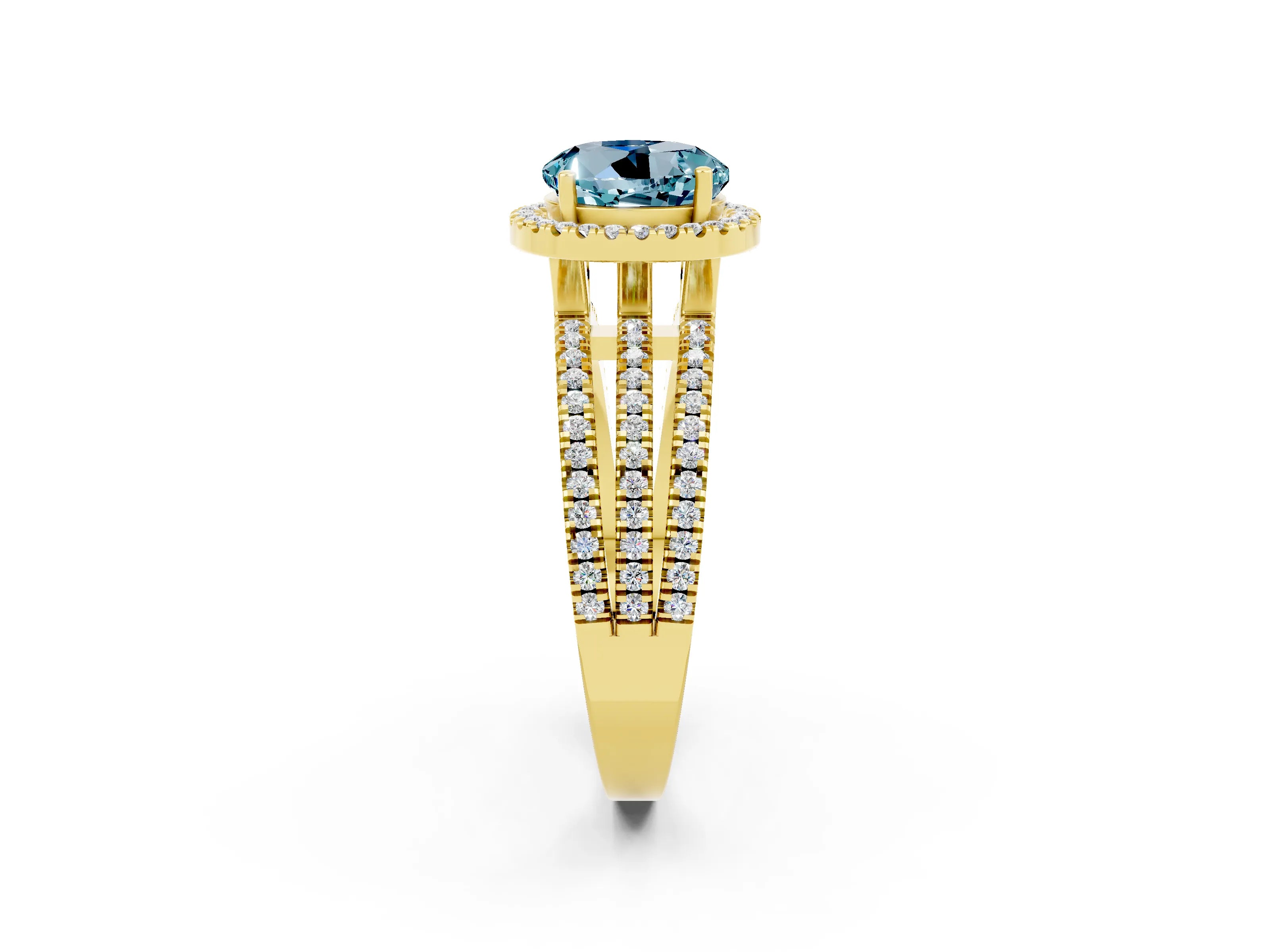 Yellow gold {shape_name} Aquamarine Halo Engagement Ring with Split Shank and Four-Prong Setting_2