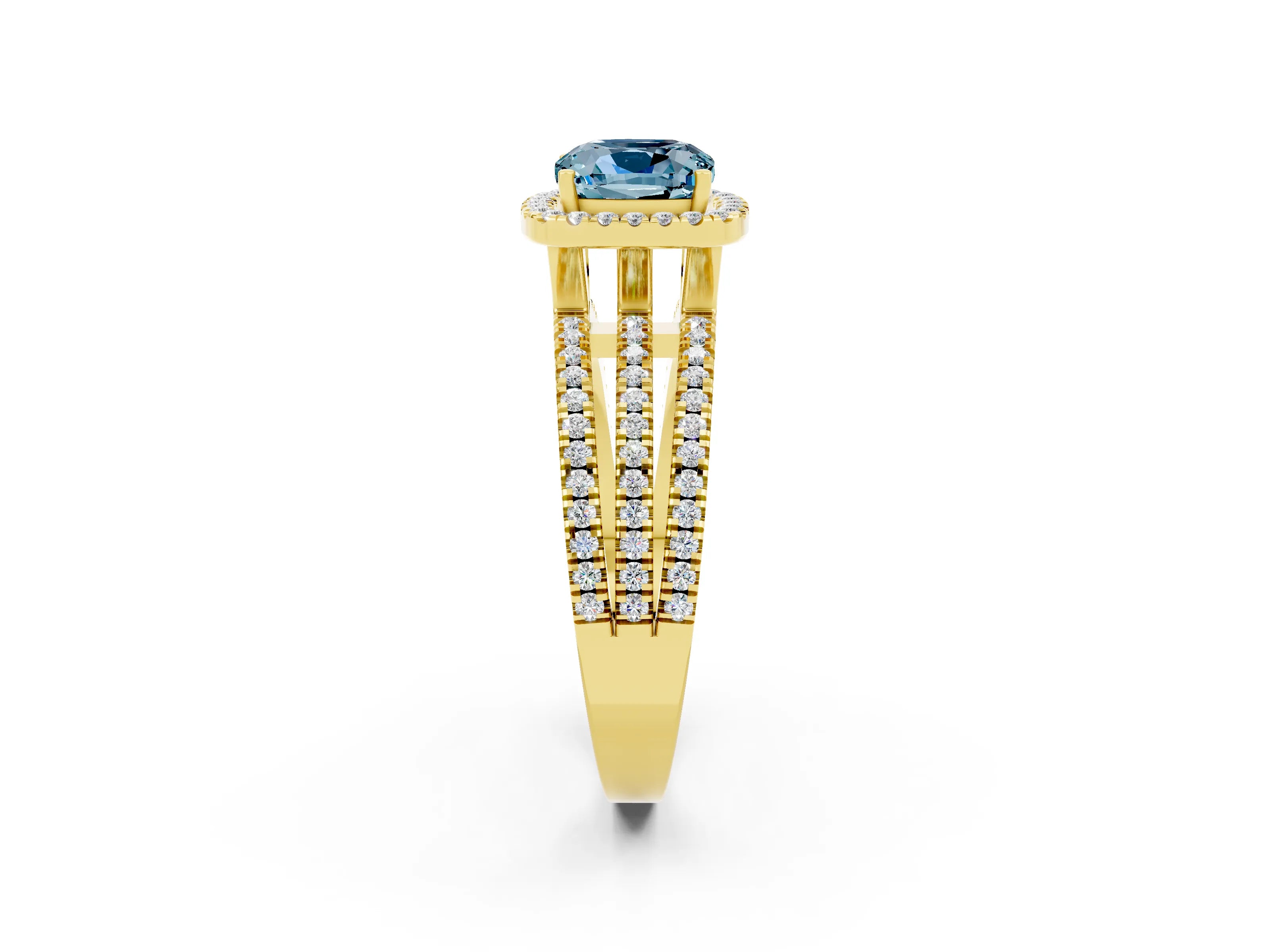 Yellow gold {shape_name} Aquamarine Halo Engagement Ring with Split Shank and Four-Prong Setting_2