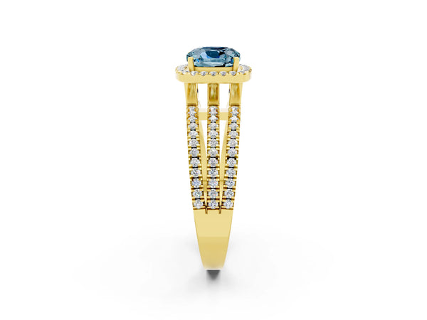 Yellow gold Cushion Cut Aquamarine Halo Engagement Ring with Split Shank and Four-Prong Setting