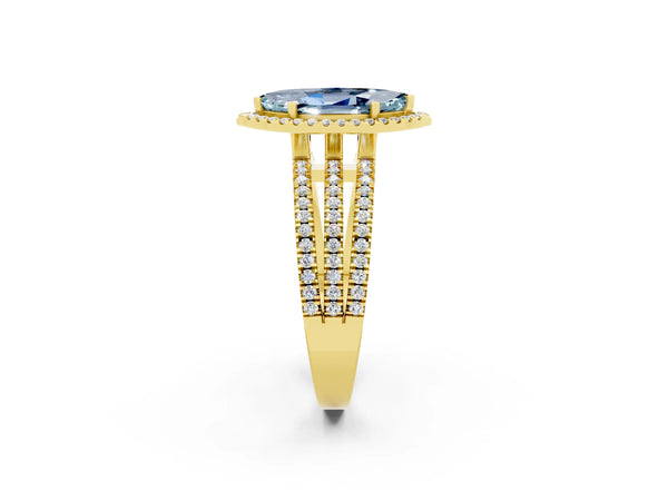 Yellow gold Marquise Cut Aquamarine Halo Engagement Ring with Split Shank and Four-Prong Setting