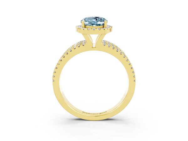 Yellow gold Oval Cut Aquamarine Halo Engagement Ring with Split Shank and Four-Prong Setting