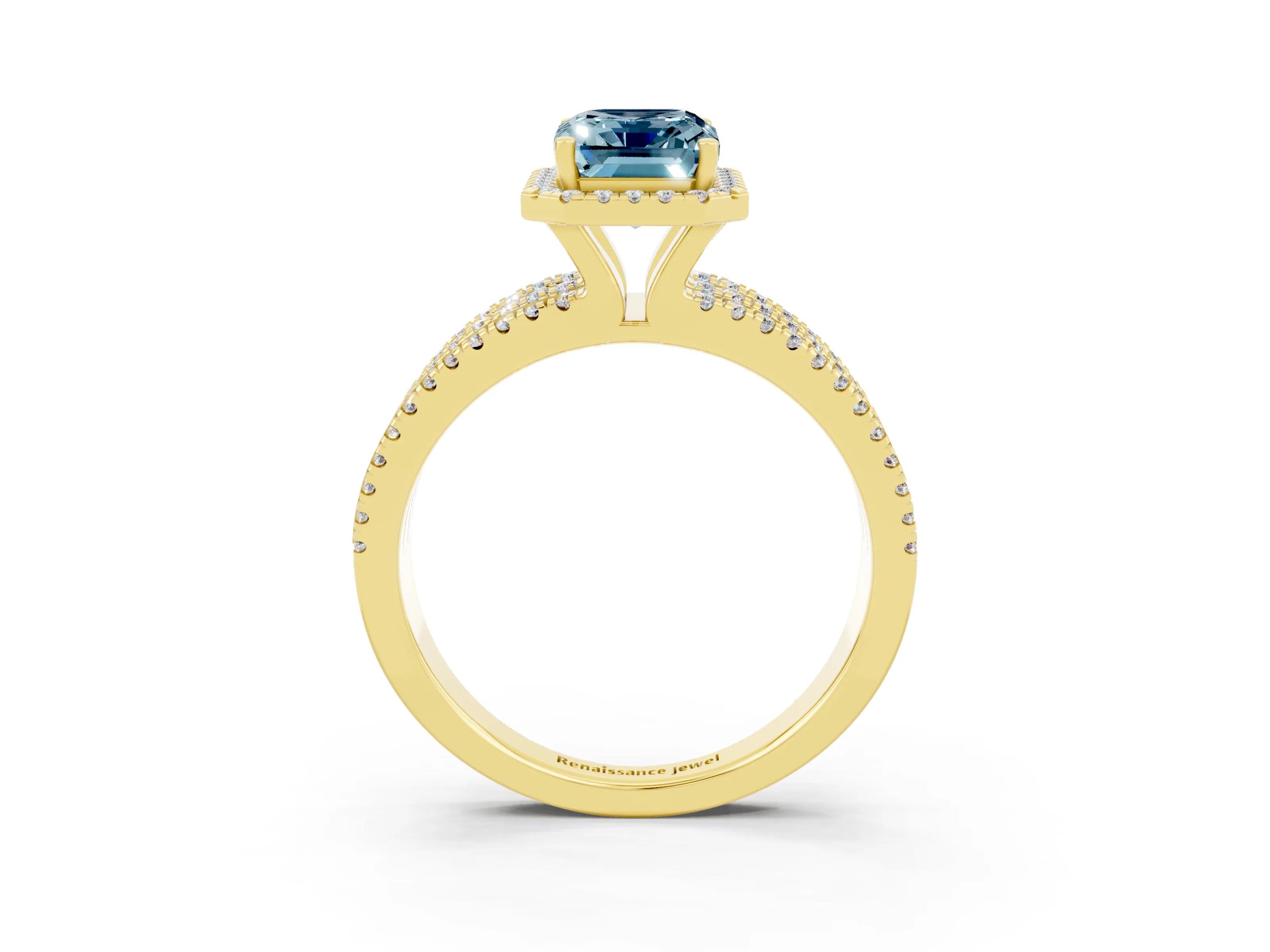 Yellow gold {shape_name} Aquamarine Halo Engagement Ring with Split Shank and Four-Prong Setting_3