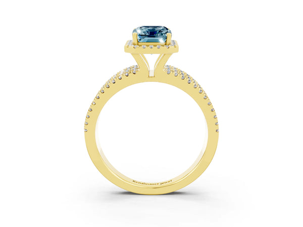 Yellow gold Emerald Cut Aquamarine Halo Engagement Ring with Split Shank and Four-Prong Setting