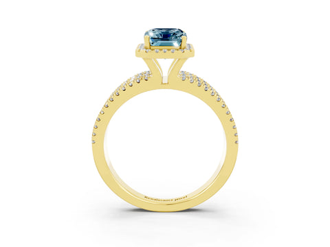 Yellow gold {shape_name} Aquamarine Halo Engagement Ring with Split Shank and Four-Prong Setting_3