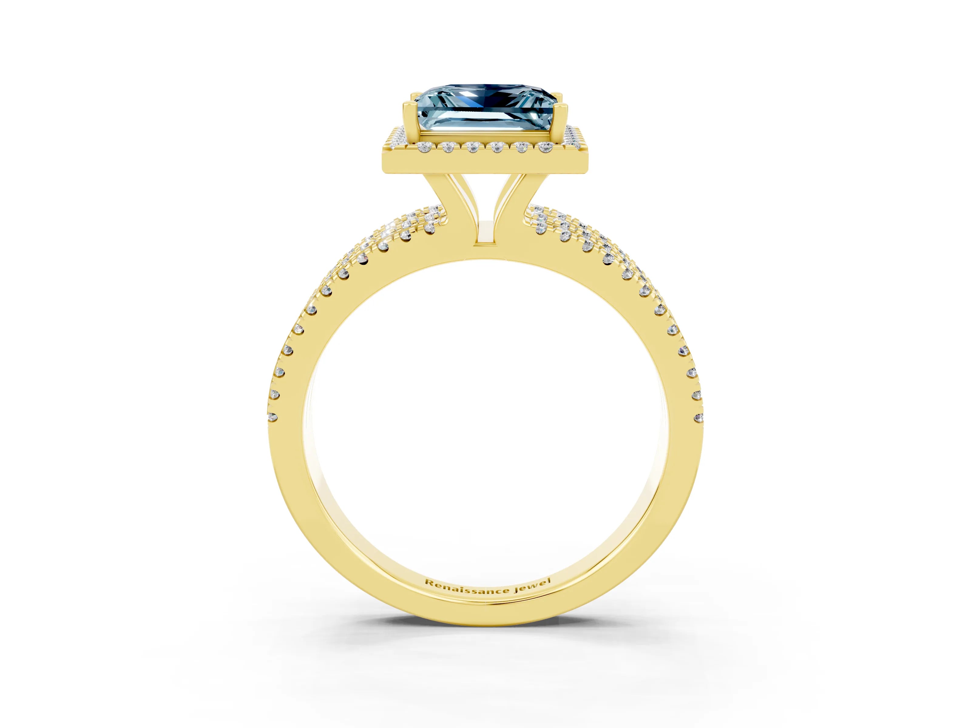 Yellow gold {shape_name} Aquamarine Halo Engagement Ring with Split Shank and Four-Prong Setting_3
