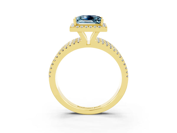 Yellow gold Princess Cut Aquamarine Halo Engagement Ring with Split Shank and Four-Prong Setting