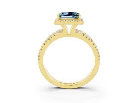 Yellow gold {shape_name} Aquamarine Halo Engagement Ring with Split Shank and Four-Prong Setting_3