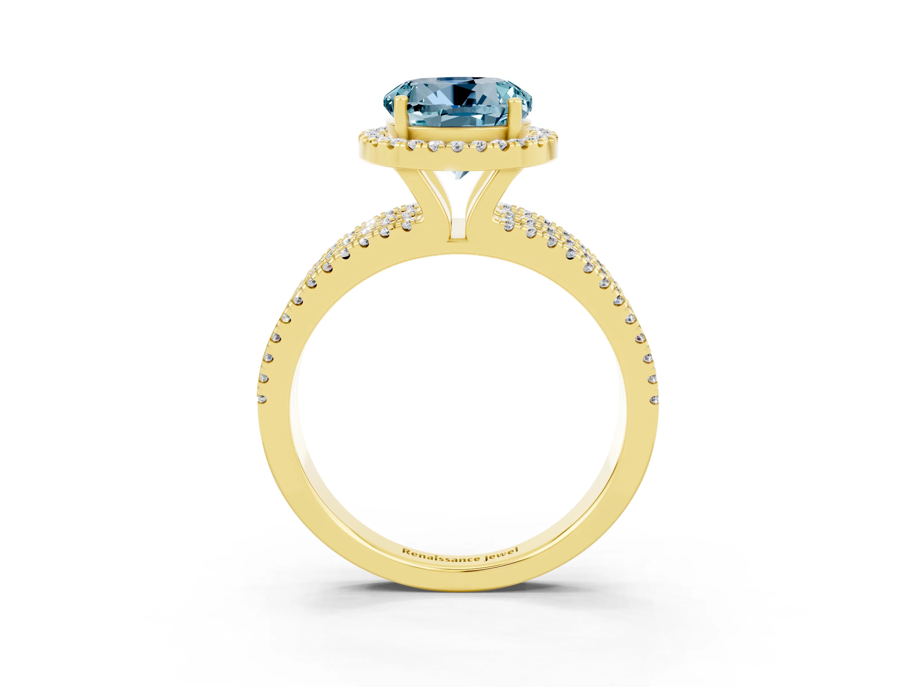 Yellow gold {shape_name} Aquamarine Halo Engagement Ring with Split Shank and Four-Prong Setting_3