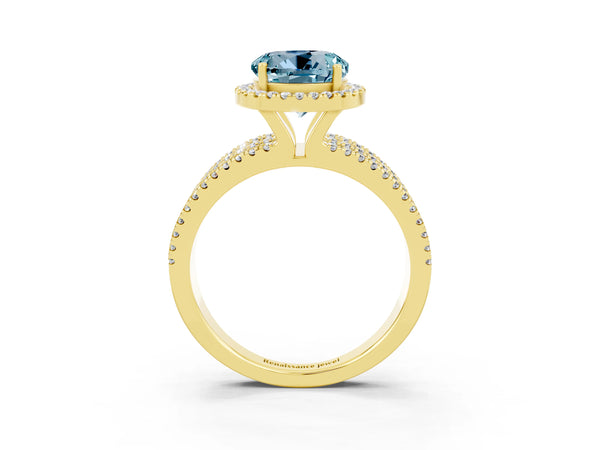 Yellow gold Round Cut Aquamarine Halo Engagement Ring with Split Shank and Four-Prong Setting
