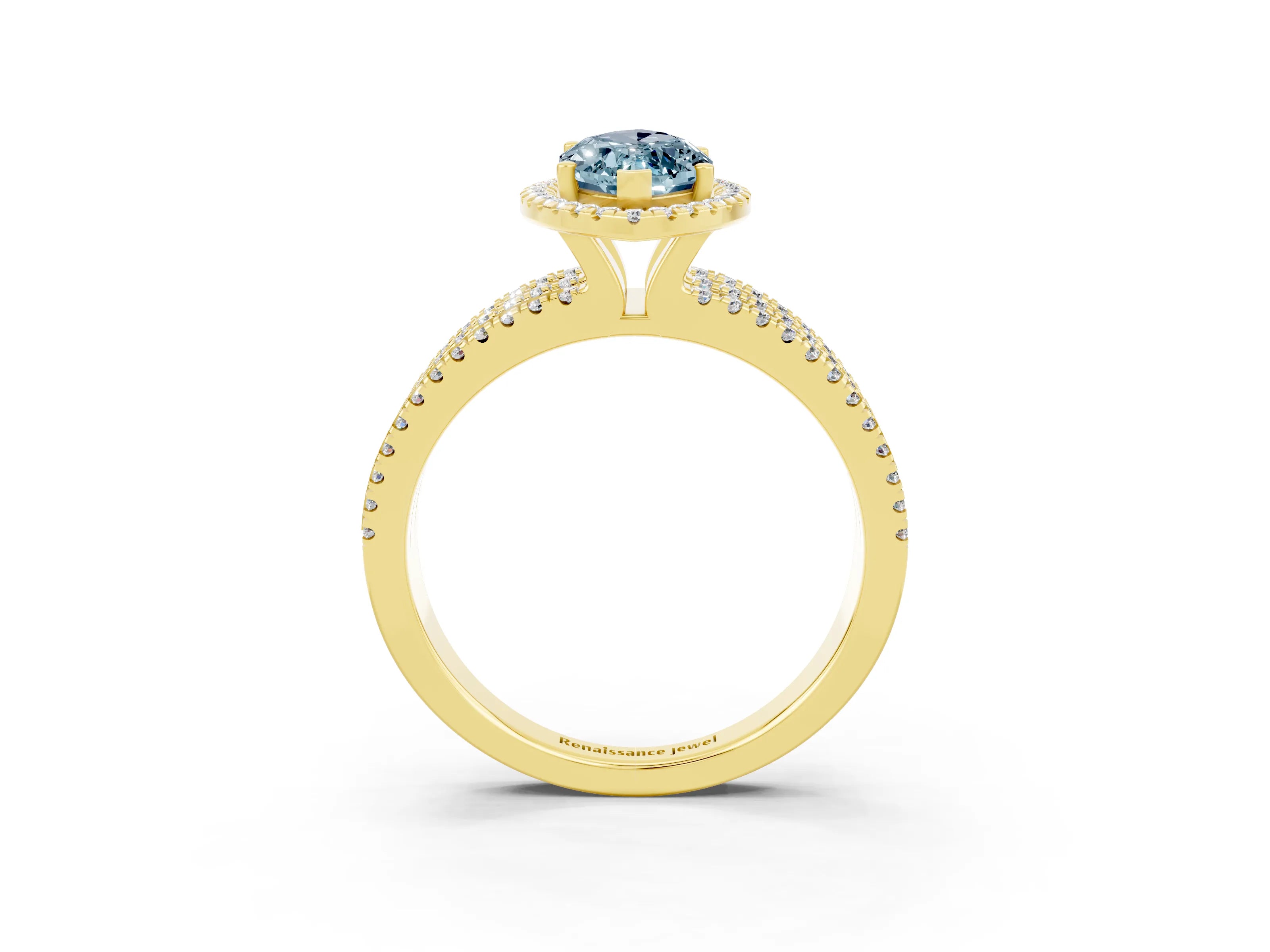 Yellow gold {shape_name} Aquamarine Halo Engagement Ring with Split Shank and Four-Prong Setting_3