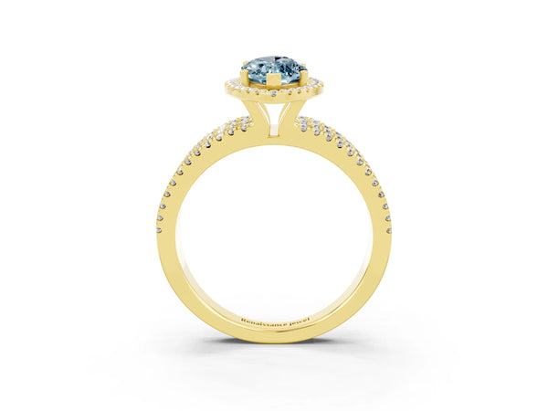Yellow gold Marquise Cut Aquamarine Halo Engagement Ring with Split Shank and Four-Prong Setting