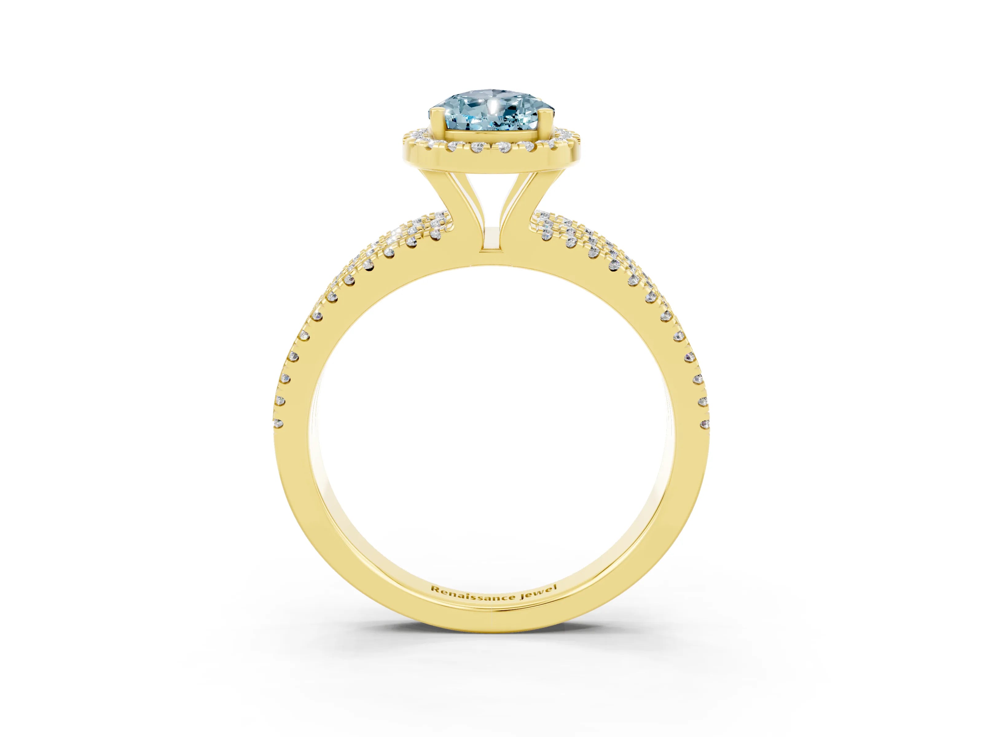 Yellow gold {shape_name} Aquamarine Halo Engagement Ring with Split Shank and Four-Prong Setting_3