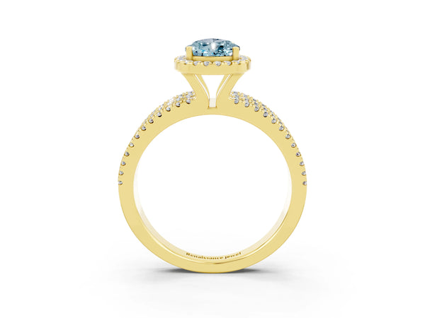Yellow gold Pear Cut Aquamarine Halo Engagement Ring with Split Shank and Four-Prong Setting
