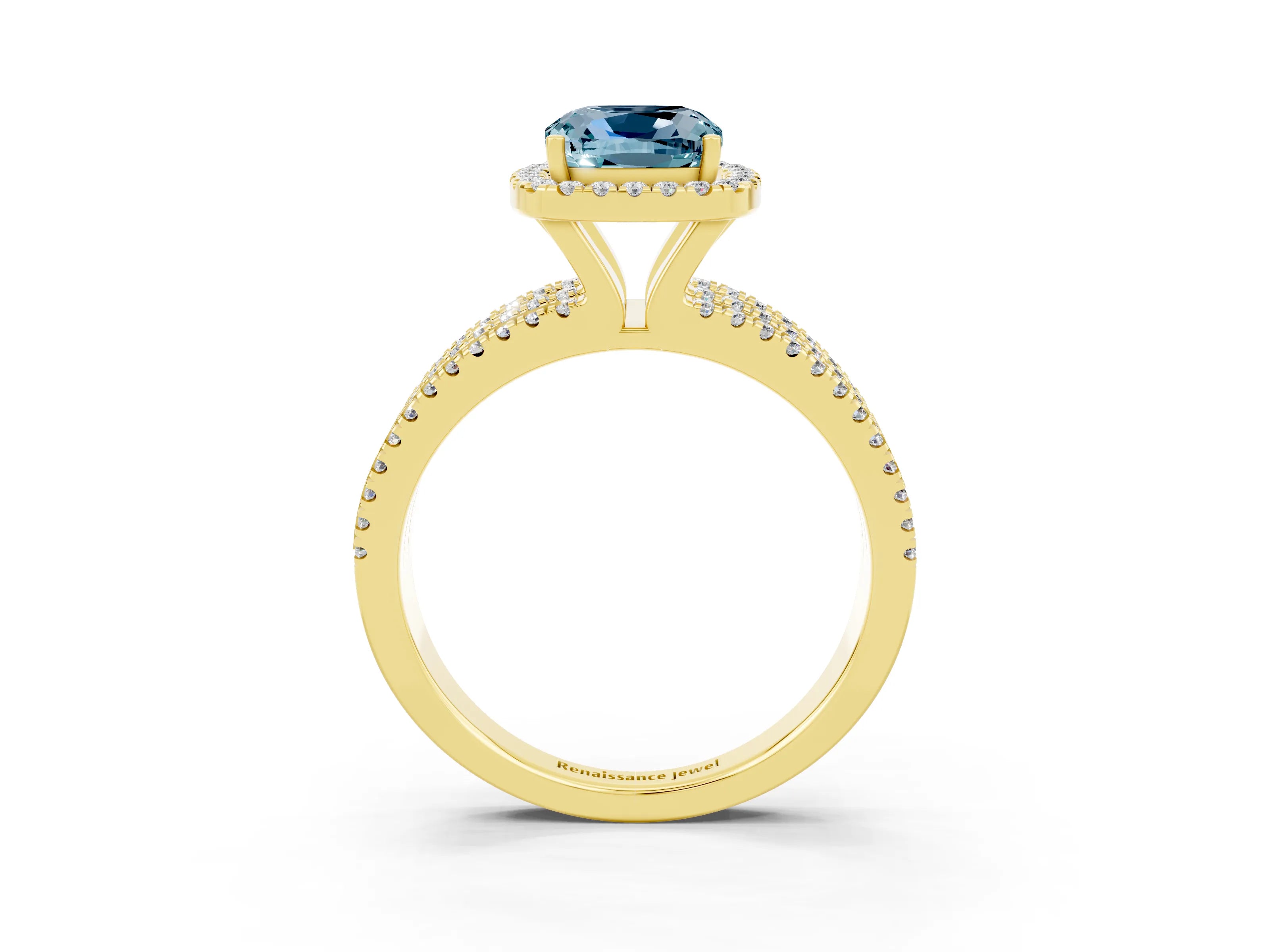 Yellow gold {shape_name} Aquamarine Halo Engagement Ring with Split Shank and Four-Prong Setting_3