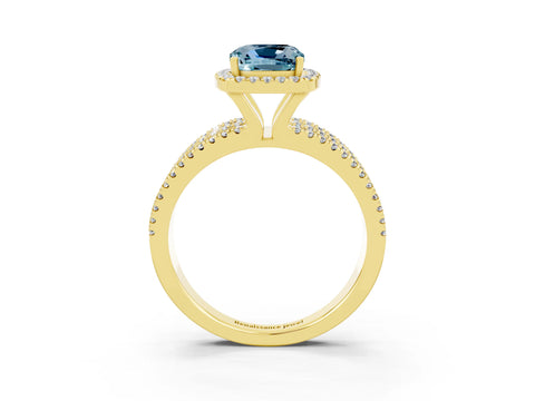 Yellow gold {shape_name} Aquamarine Halo Engagement Ring with Split Shank and Four-Prong Setting_3