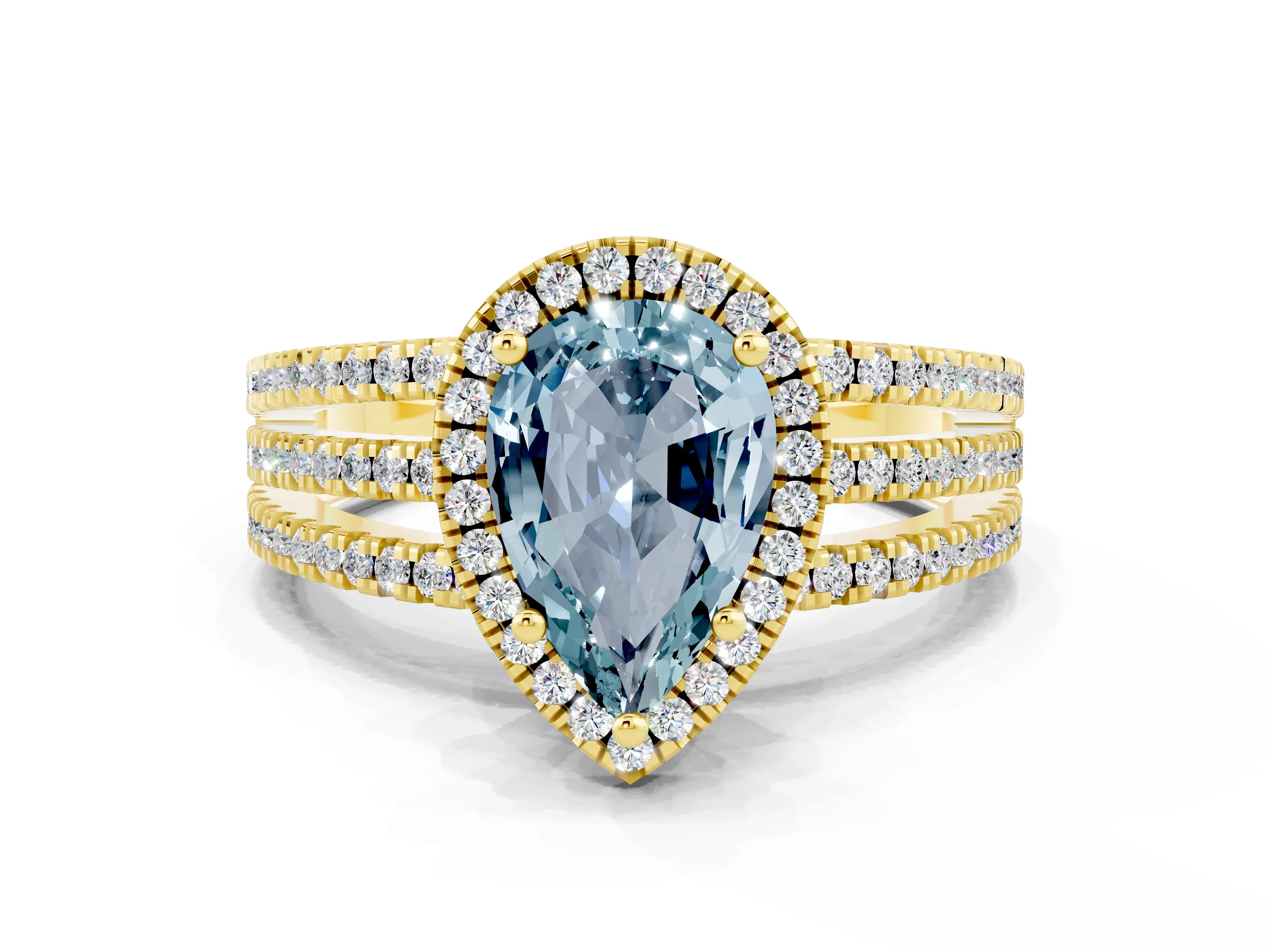 Yellow gold {shape_name} Aquamarine Halo Engagement Ring with Split Shank and Four-Prong Setting