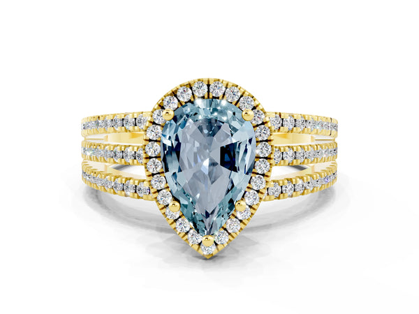 Yellow gold Pear Cut Aquamarine Halo Engagement Ring with Split Shank and Four-Prong Setting