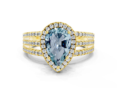 Yellow gold {shape_name} Aquamarine Halo Engagement Ring with Split Shank and Four-Prong Setting