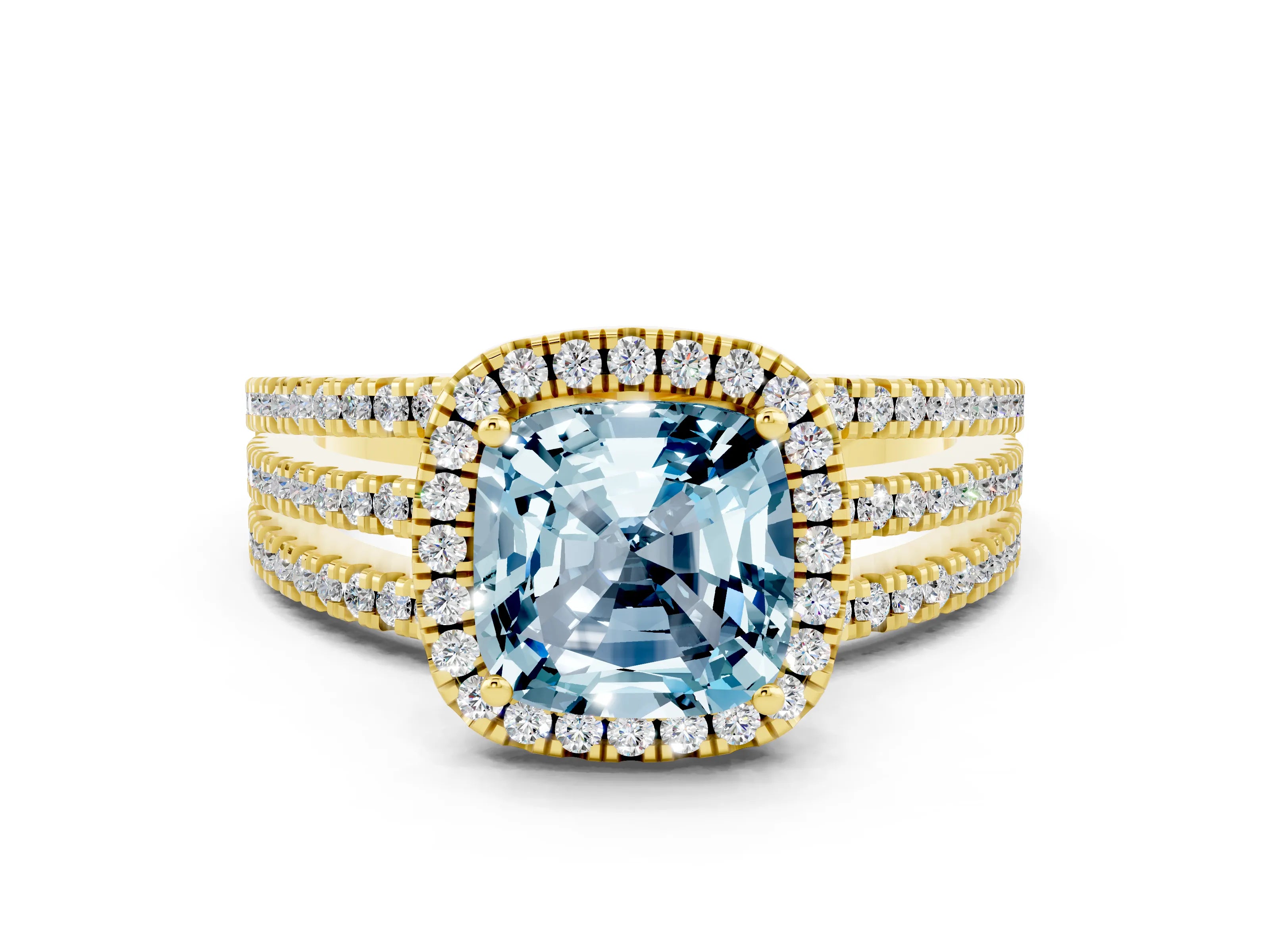 Yellow gold {shape_name} Aquamarine Halo Engagement Ring with Split Shank and Four-Prong Setting