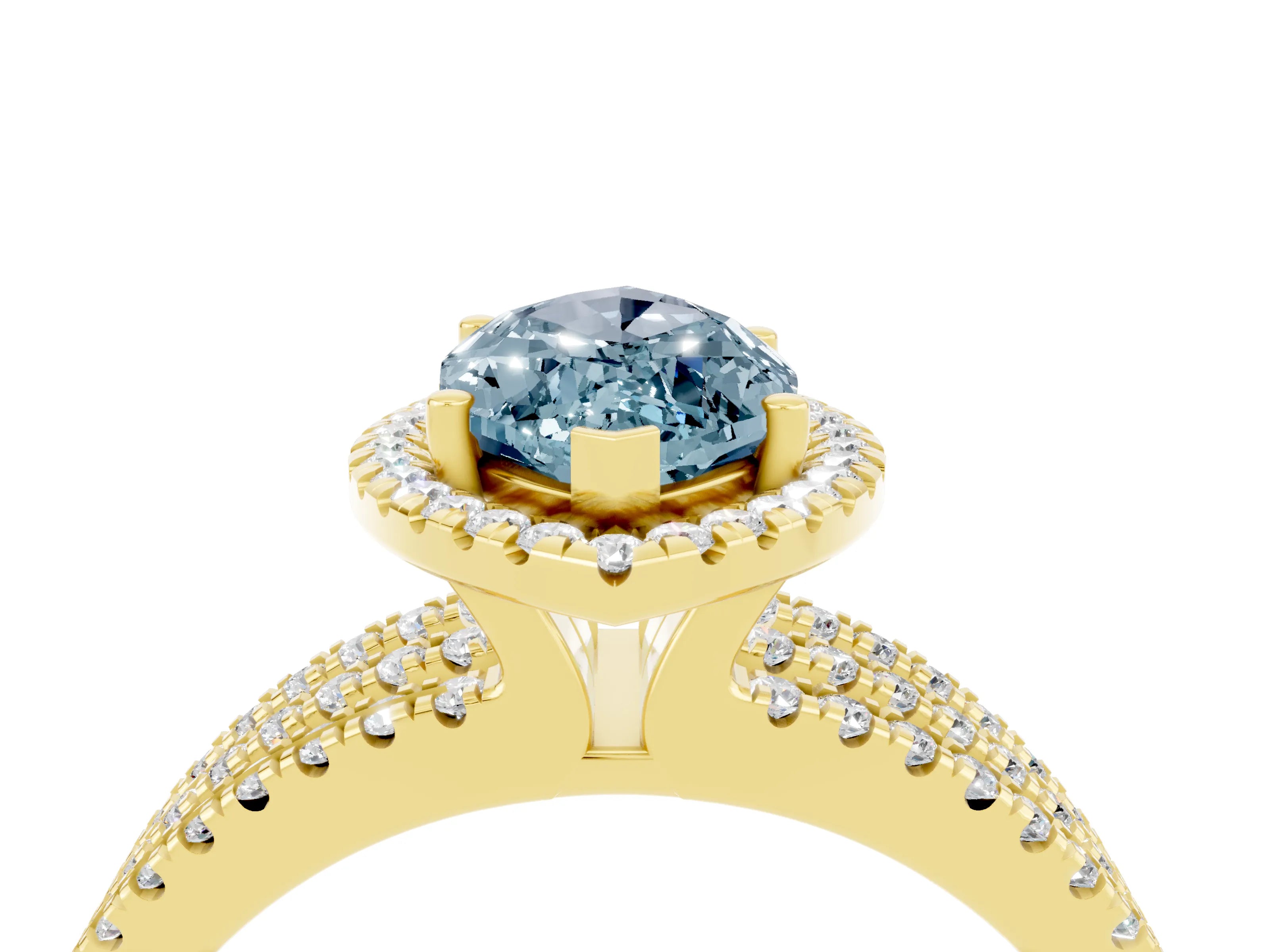 Yellow gold {shape_name} Aquamarine Halo Engagement Ring with Split Shank and Four-Prong Setting_4