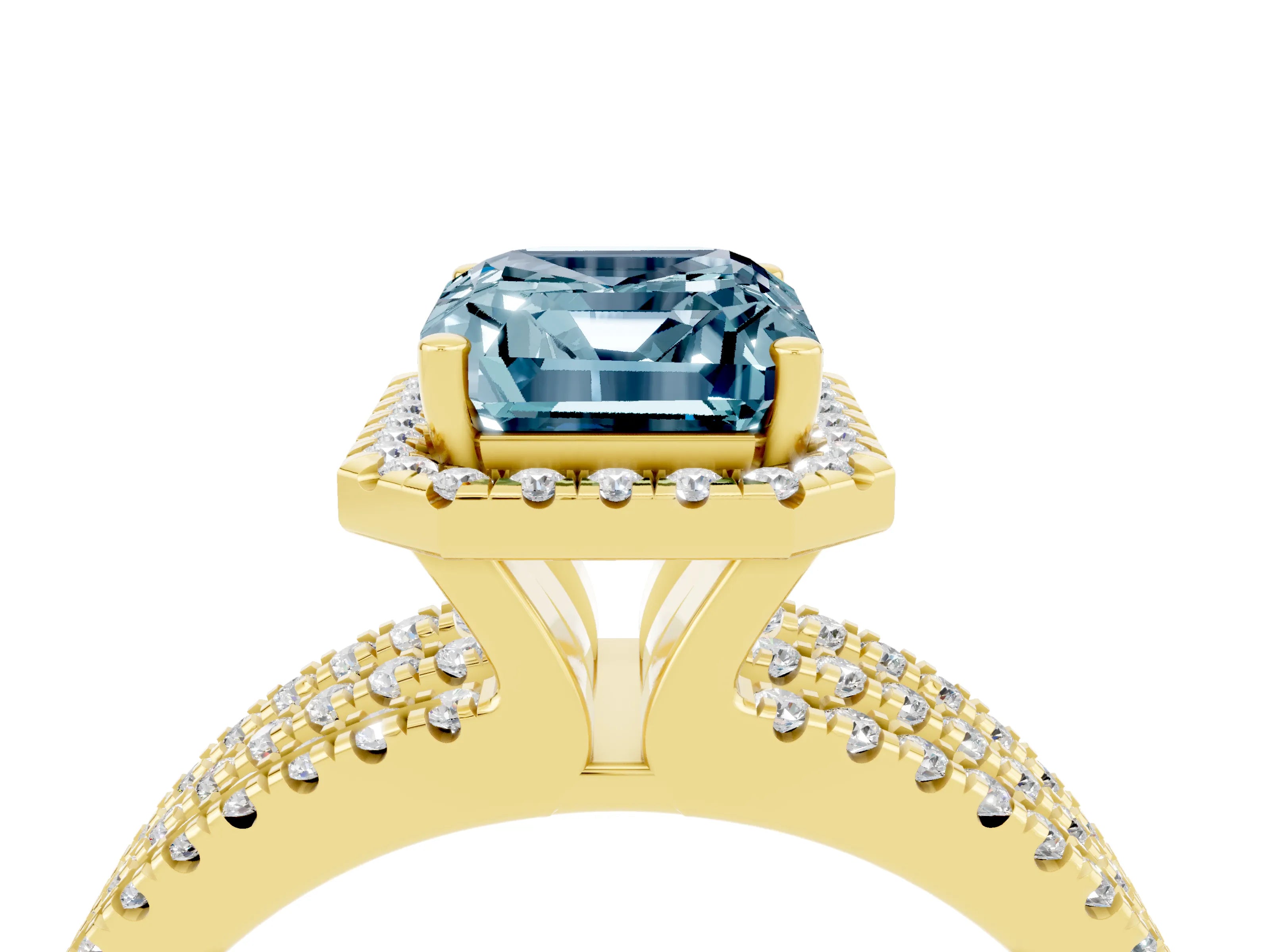 Yellow gold {shape_name} Aquamarine Halo Engagement Ring with Split Shank and Four-Prong Setting_4