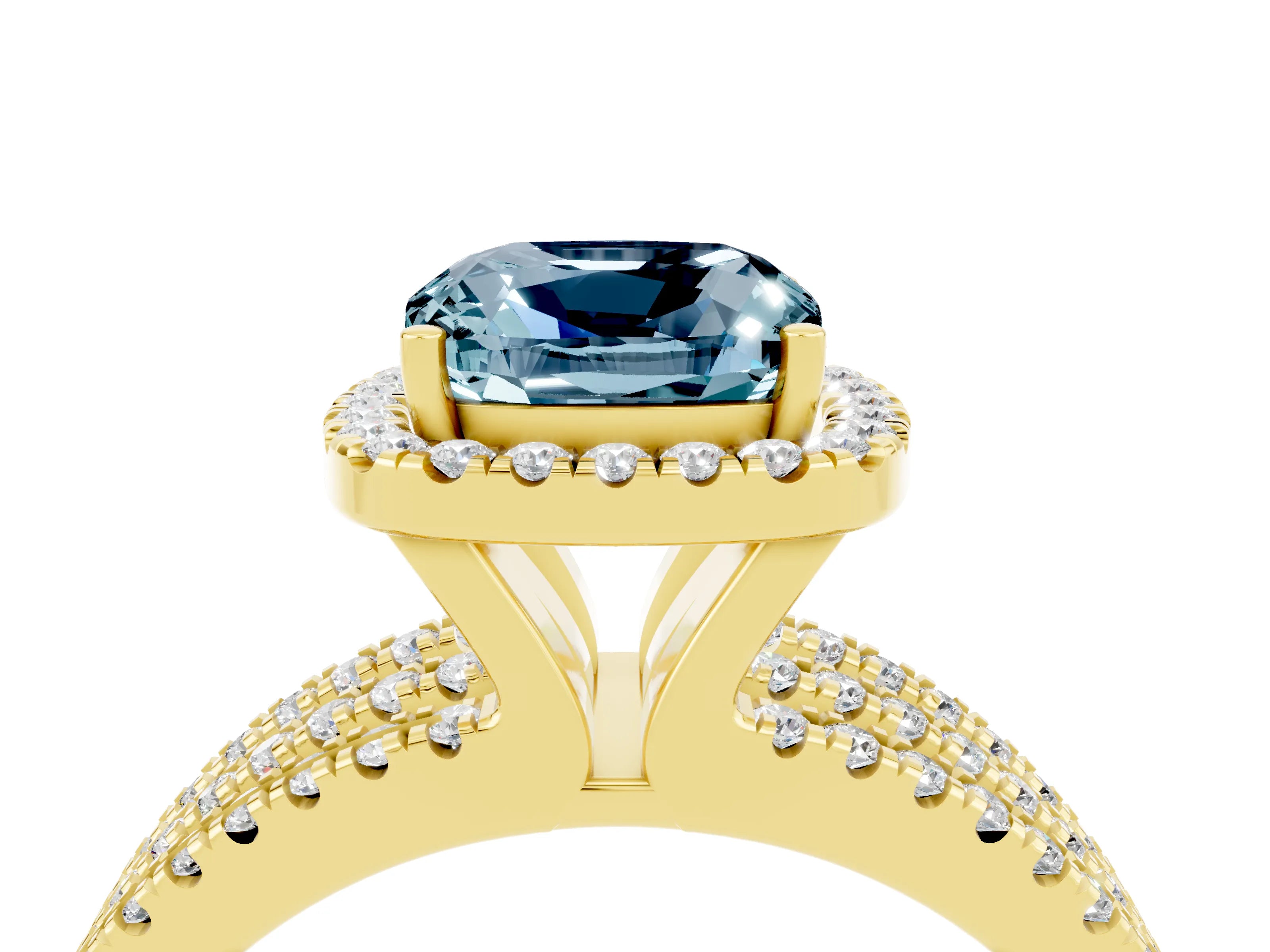 Yellow gold {shape_name} Aquamarine Halo Engagement Ring with Split Shank and Four-Prong Setting_4