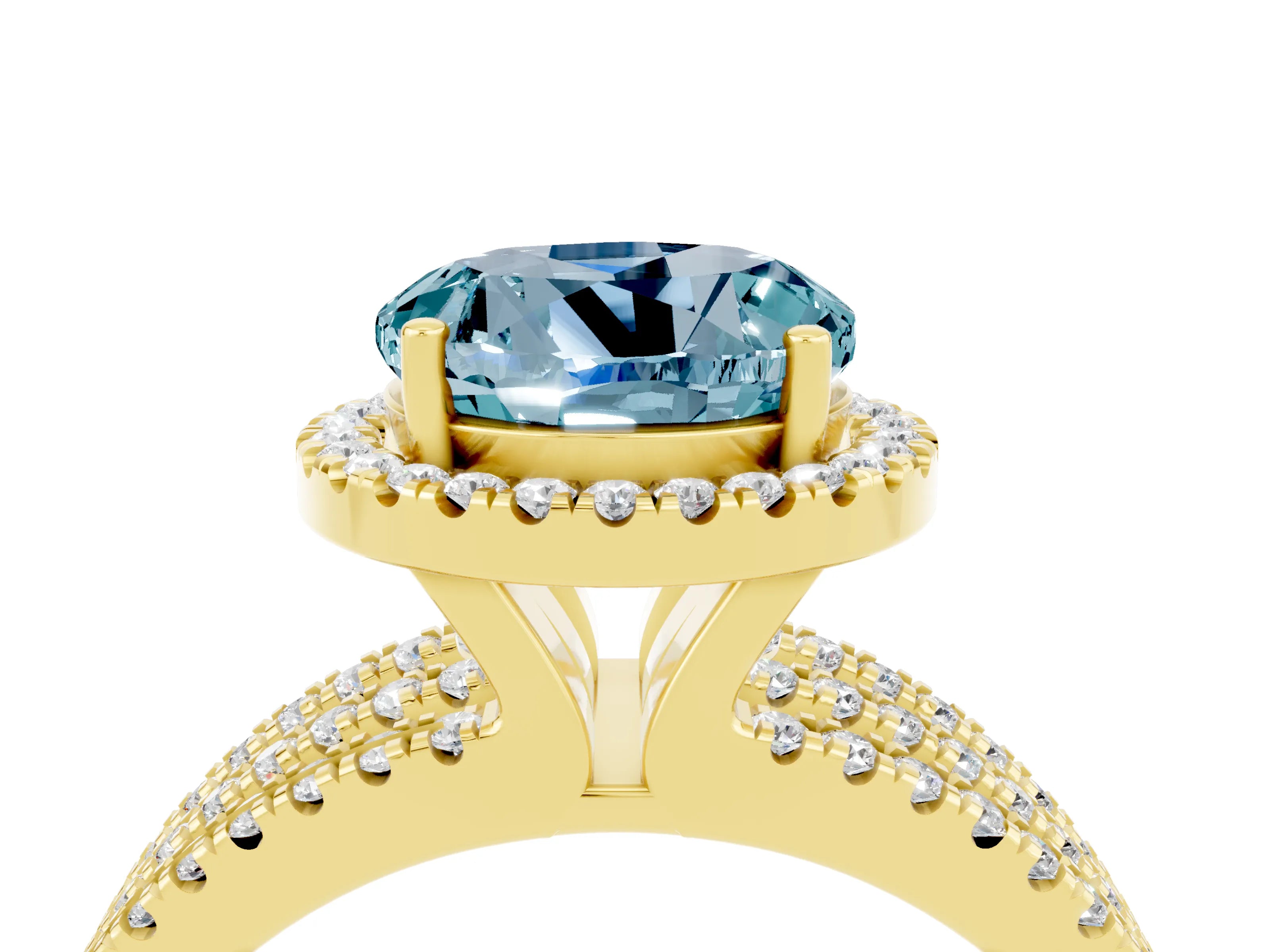 Yellow gold {shape_name} Aquamarine Halo Engagement Ring with Split Shank and Four-Prong Setting_4