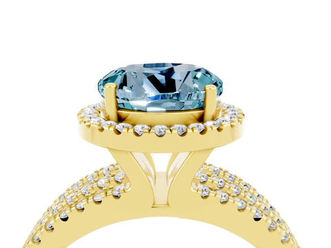 Yellow gold {shape_name} Aquamarine Halo Engagement Ring with Split Shank and Four-Prong Setting_4