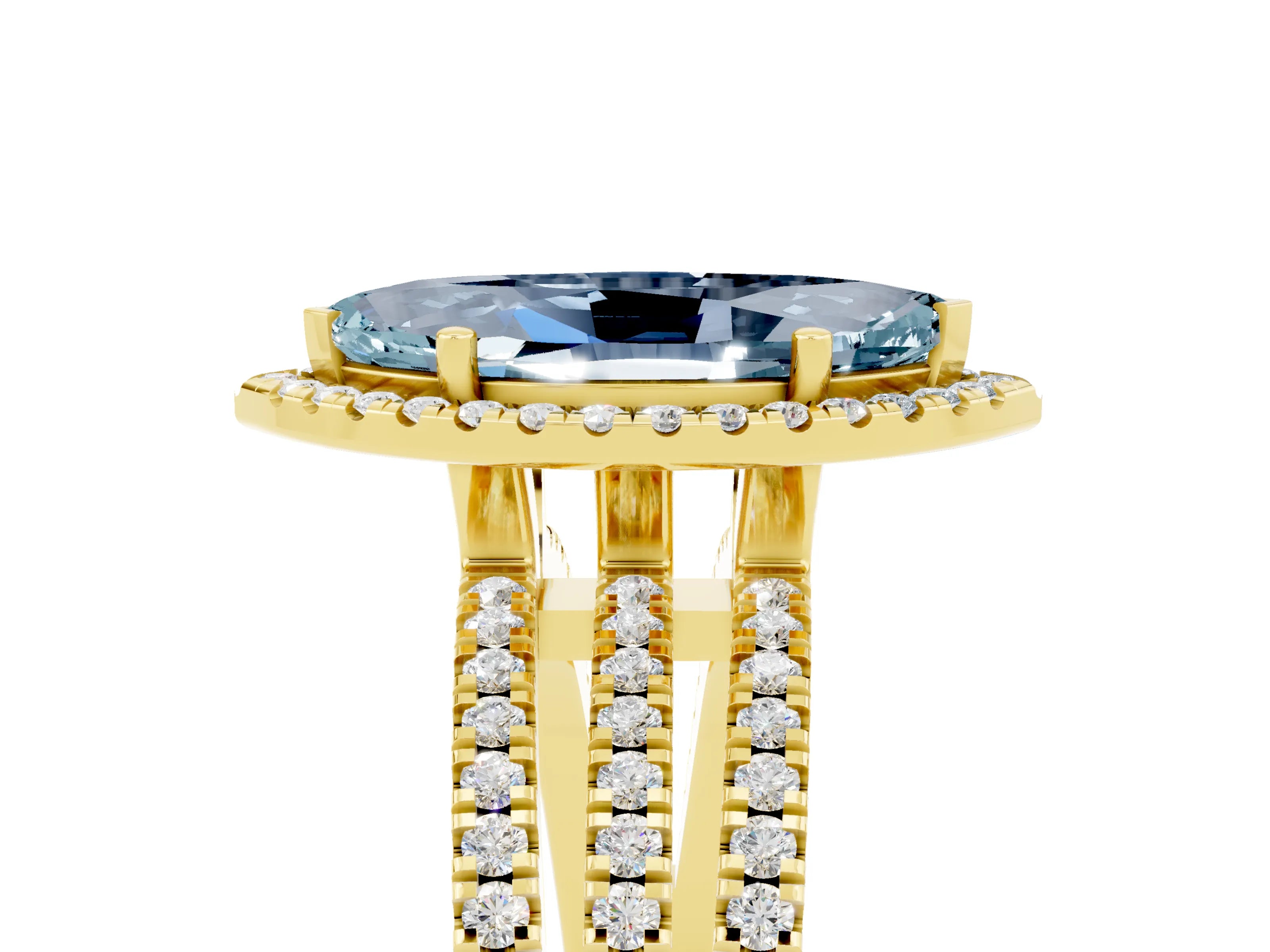 Yellow gold {shape_name} Aquamarine Halo Engagement Ring with Split Shank and Four-Prong Setting_5