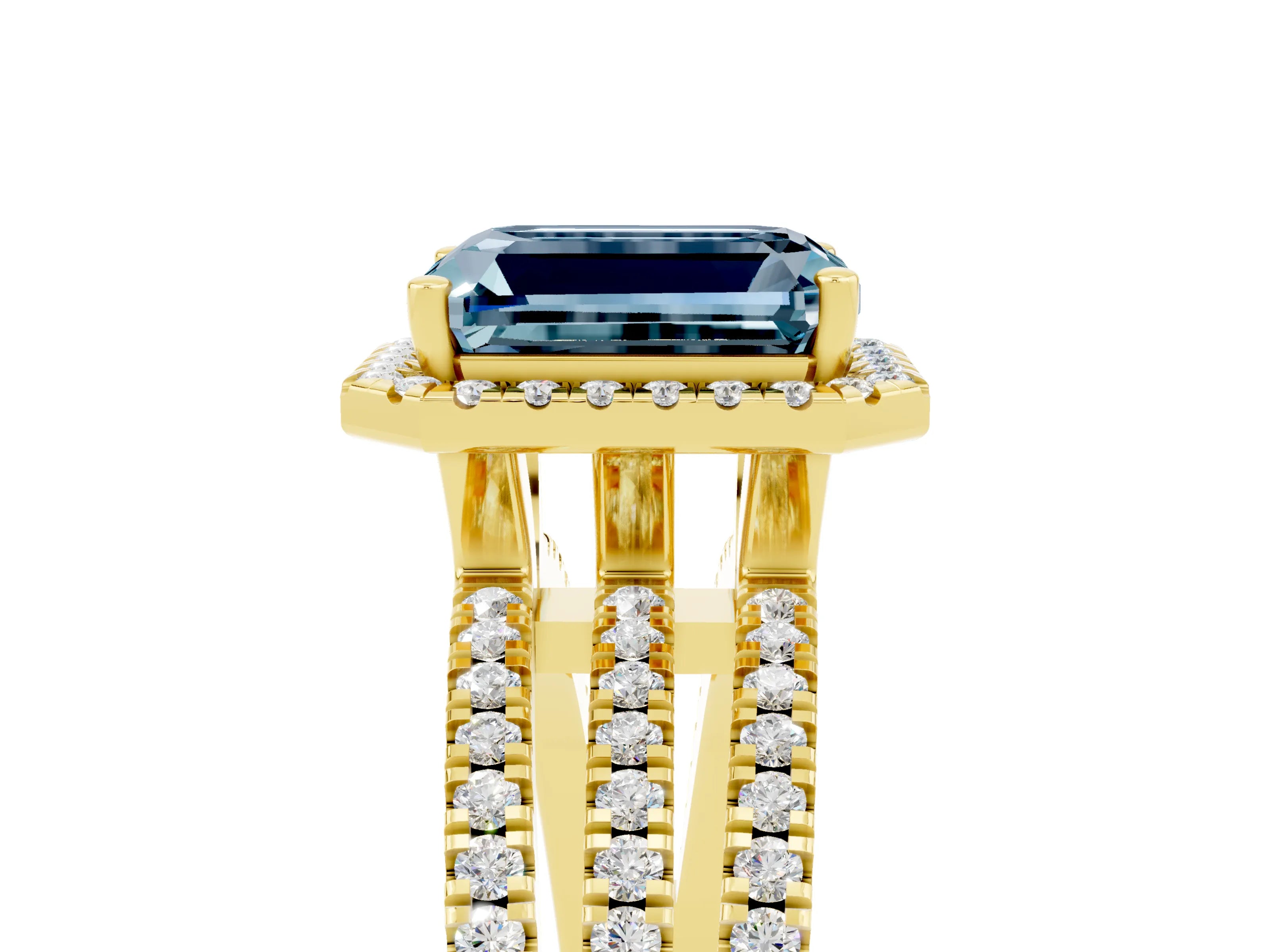 Yellow gold {shape_name} Aquamarine Halo Engagement Ring with Split Shank and Four-Prong Setting_5