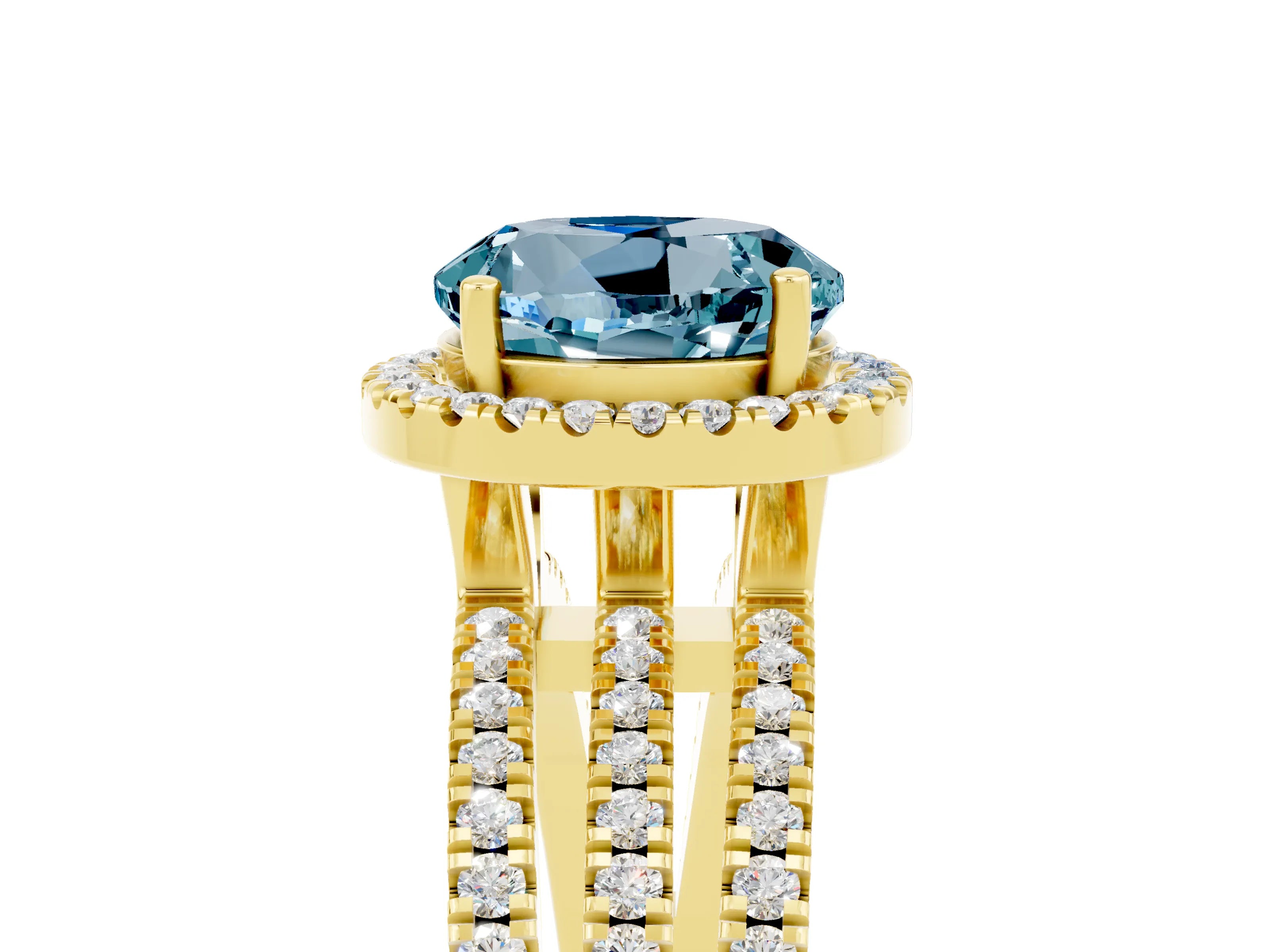 Yellow gold {shape_name} Aquamarine Halo Engagement Ring with Split Shank and Four-Prong Setting_5