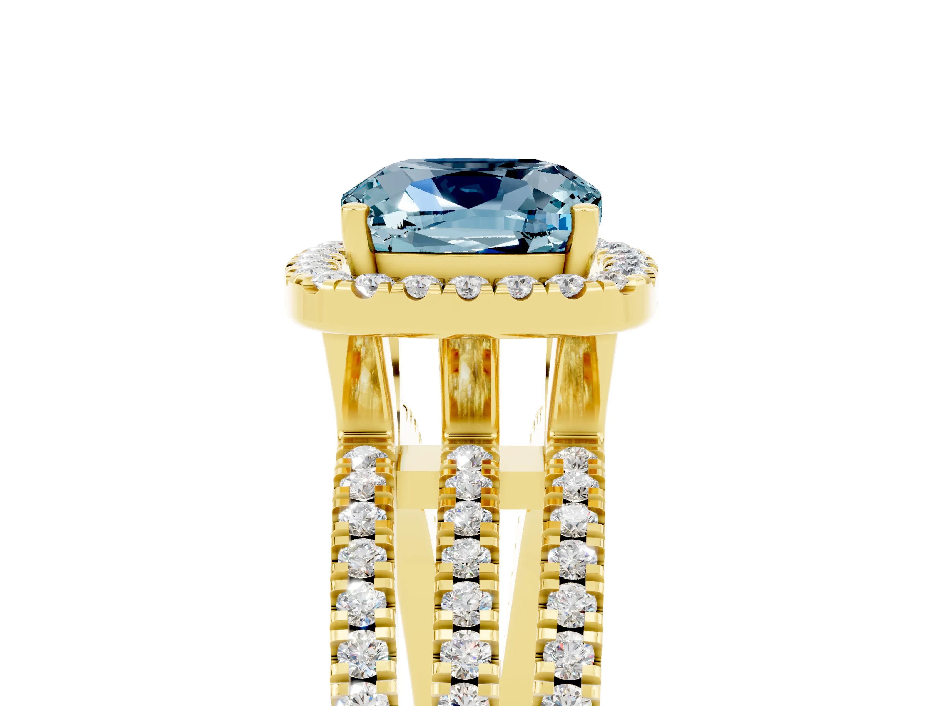 Yellow gold {shape_name} Aquamarine Halo Engagement Ring with Split Shank and Four-Prong Setting_5