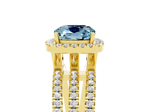 Yellow gold {shape_name} Aquamarine Halo Engagement Ring with Split Shank and Four-Prong Setting_5