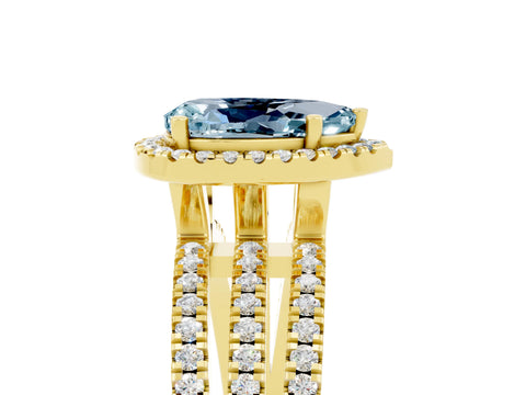 Yellow gold {shape_name} Aquamarine Halo Engagement Ring with Split Shank and Four-Prong Setting_5
