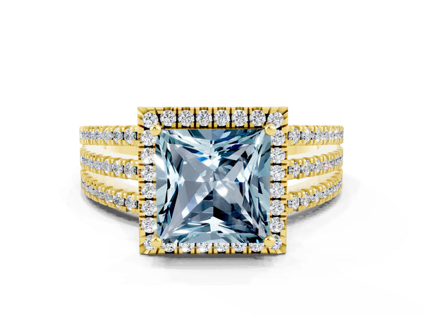 Yellow gold Princess Cut Aquamarine Halo Engagement Ring with Split Shank and Four-Prong Setting