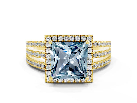 Yellow gold {shape_name} Aquamarine Halo Engagement Ring with Split Shank and Four-Prong Setting
