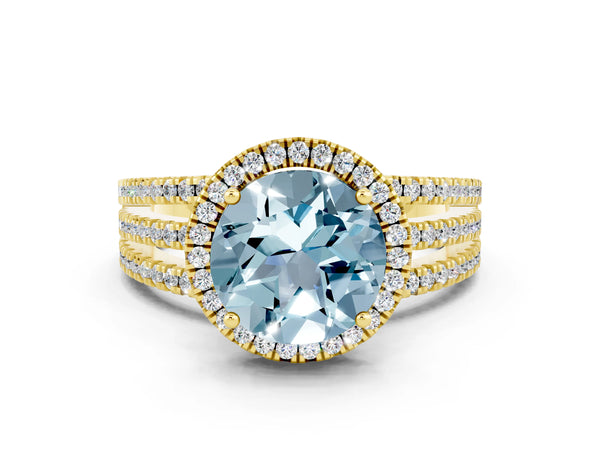Yellow gold Round Cut Aquamarine Halo Engagement Ring with Split Shank and Four-Prong Setting