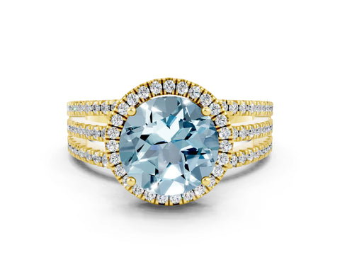 Yellow gold {shape_name} Aquamarine Halo Engagement Ring with Split Shank and Four-Prong Setting
