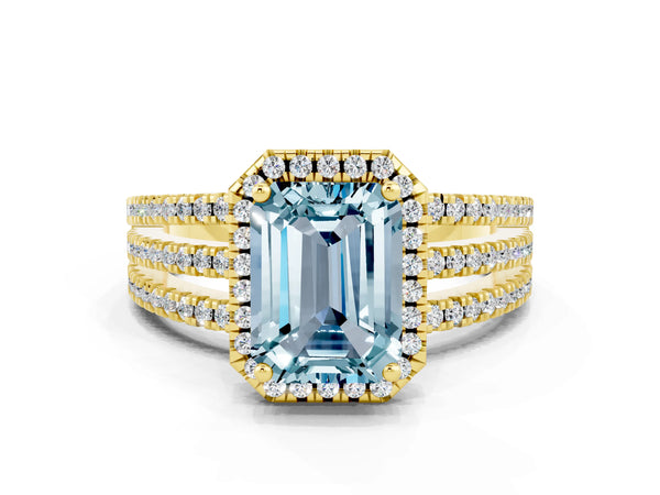 Yellow gold Emerald Cut Aquamarine Halo Engagement Ring with Split Shank and Four-Prong Setting