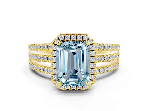 Yellow gold {shape_name} Aquamarine Halo Engagement Ring with Split Shank and Four-Prong Setting