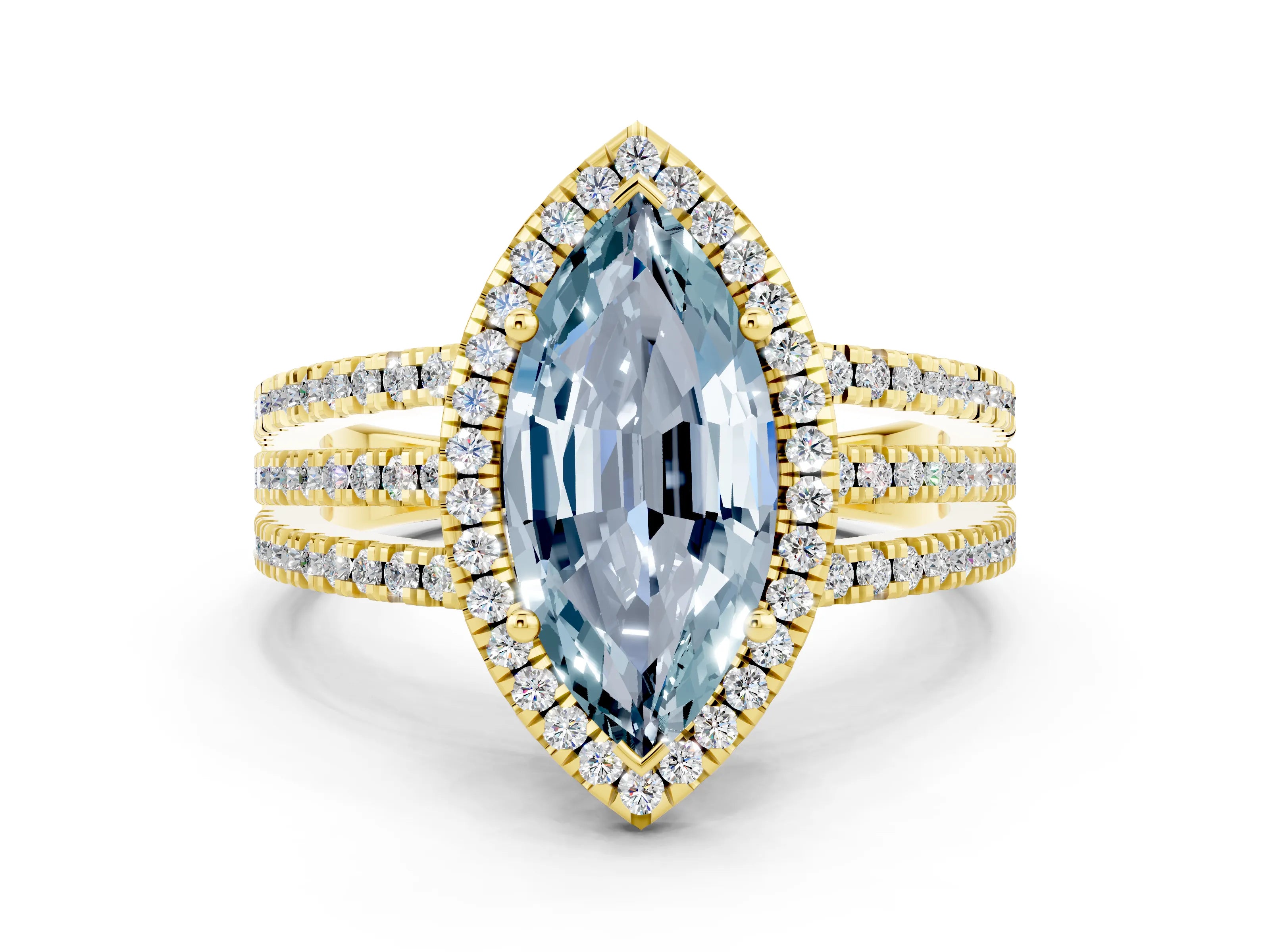 Yellow gold {shape_name} Aquamarine Halo Engagement Ring with Split Shank and Four-Prong Setting